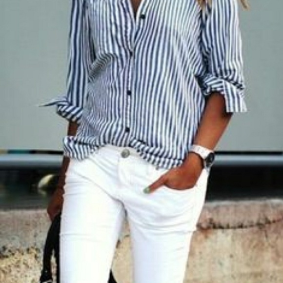 Navy and White striped button down blouse - Picture 6 of 7